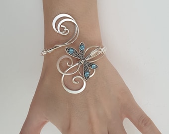 Silver dragonfly bracelet, custom crystal bangle, womens adjustable cuff, memorial gift