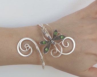 Peridot Crystal, Dragonfly cuff bracelet, elven bangle