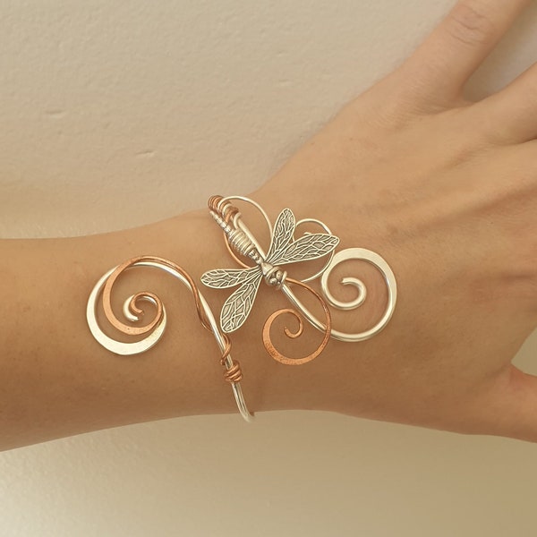 Copper and silver dragonfly cuff bracelet, adjustable bangle