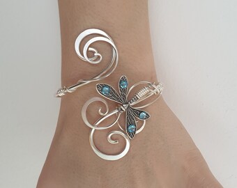 Aquamarine crystal Dragonfly cuff bracelet