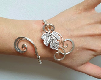 Silver vine leaf cuff bracelet, hammered curl adjustable bangle