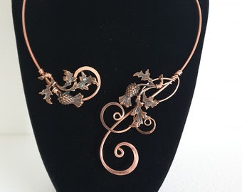 Scottish thistle pure copper necklace, open collar statement anniversary gift, elven bridal choker