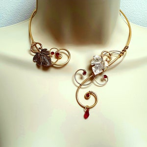 Medieval Renaissance choker, gold red necklace leaf with red crystal elements, wedding Elven handfasting