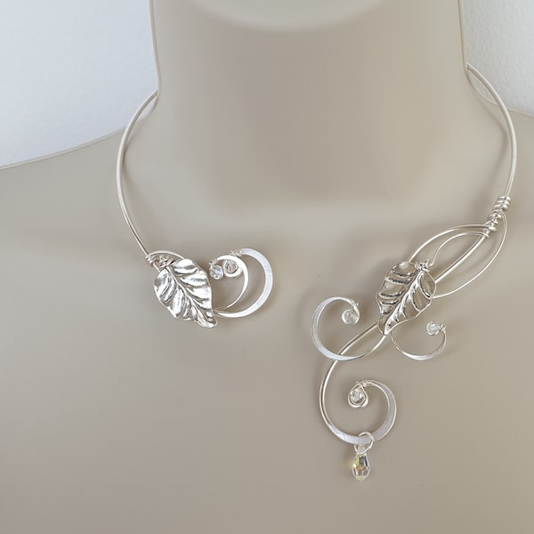 Middeleeuwse renaissance cirkel choker zilveren ketting blad met kristallen elementen Elven
