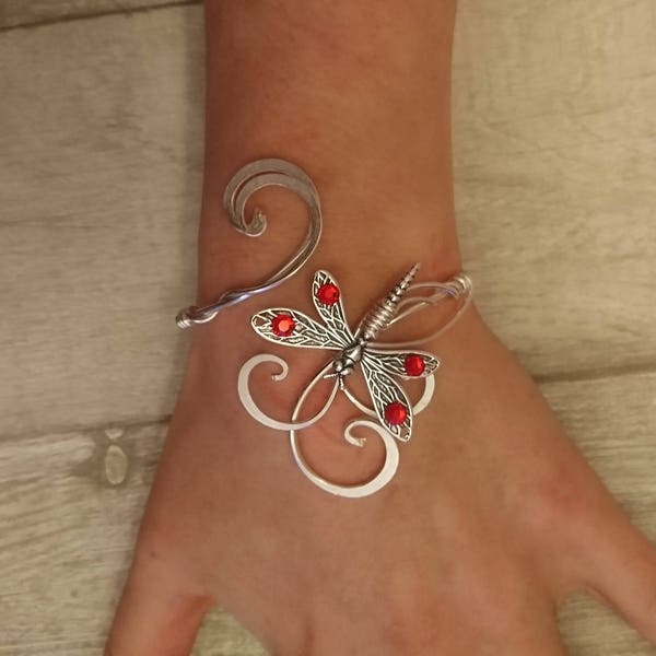 red crystal dragonfly cuff, silver bracelet elven wedding bangle