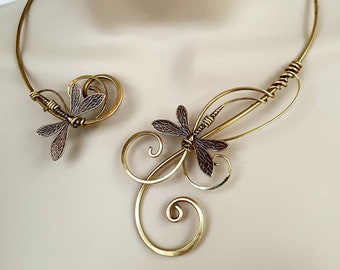 Gold brass dragonfly collar necklace choker