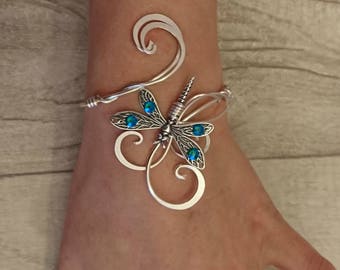 Teal blue zircon crystal dragonfly bracelet, silver cuff elven wedding bangle