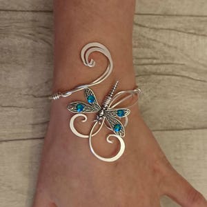 Teal blue zircon crystal dragonfly bracelet, silver cuff elven wedding bangle