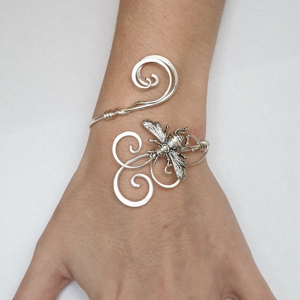 Silver bumble bee cuff bracelet, unique adjustable bangle gift