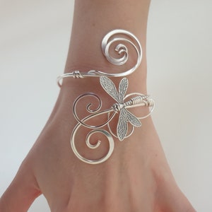 Silver dragonfly bracelet, womens adjustable cuff, memorial gift image 1