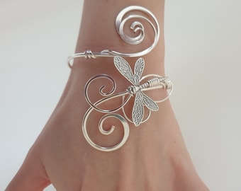 Silver dragonfly bracelet, womens adjustable cuff, memorial gift