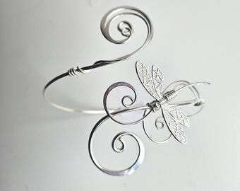 Silver Dragonfly Arm Cuff Adjustable Sterling Plated Upper Arm Bracelet Y2K Fairycore Prom Jewelry