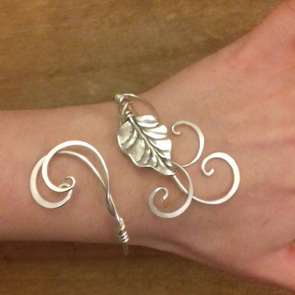 Sterling silver plated leaf cuff, elven bangle, wrap bracelet, wedding gift