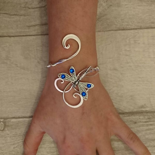 sapphire crystal dragonfly bracelet, silver cuff elven wedding bangle