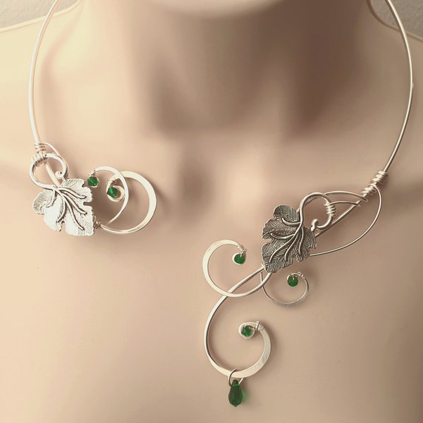 Silver Vine torc necklace, crystal elements emerald green grape leaves collar