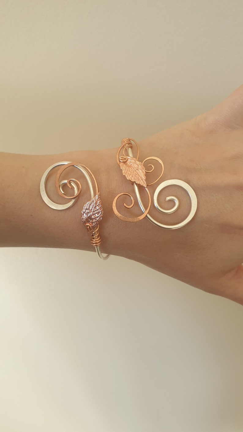 Silver and copper leaf bracelet, adjustable wedding gift cuff 画像 1
