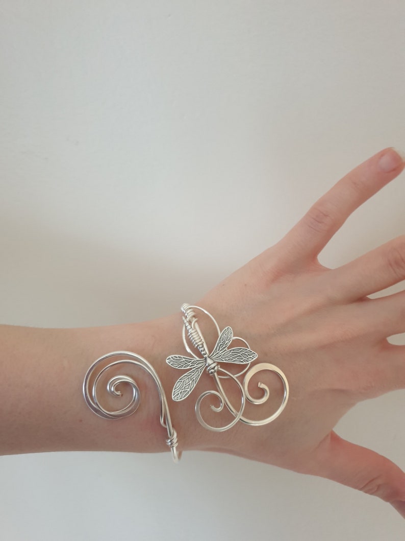 Silver dragonfly bracelet, womens adjustable cuff, memorial gift image 3