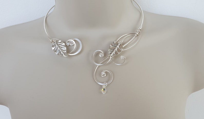 Medieval Renaissance circlet choker silver necklace leaf with crystal elements Elven image 2
