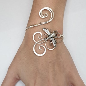 Silver bumble bee cuff bracelet, unique adjustable bangle gift