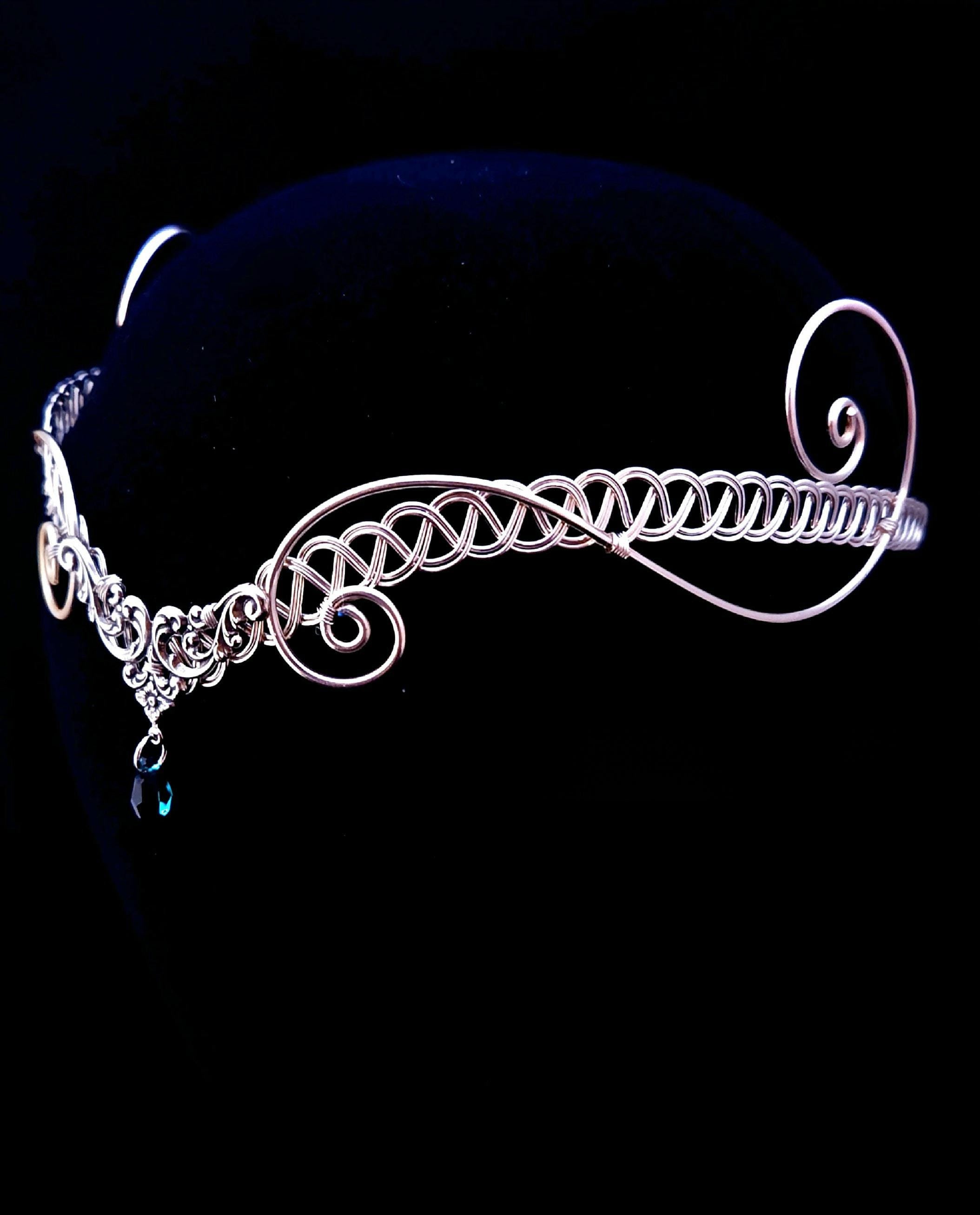 Silver tiara, celtic weave circlet, elven style with emerald crystal