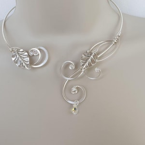 Silver Leaf Open Torc Necklace, AB Austrian Crystal Bridal Choker, Elven Wedding Jewelry, Handmade