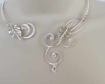 Silver Leaf Open Torc Necklace, AB Austrian Crystal Bridal Choker, Elven Wedding Jewelry, Handmade