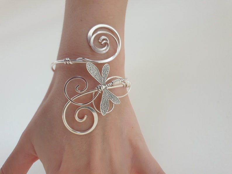 Silver dragonfly bracelet, womens adjustable cuff, memorial gift image 1