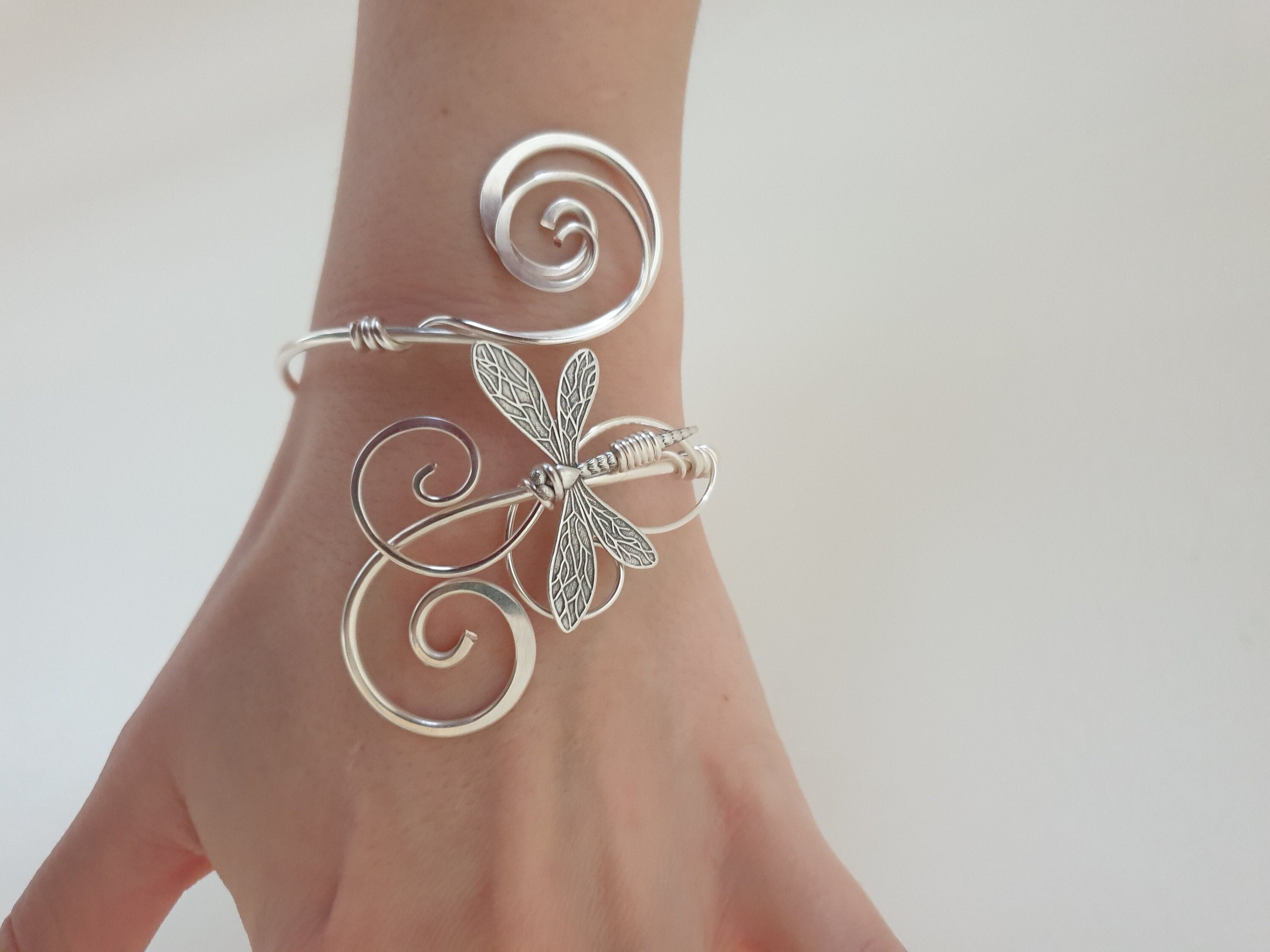 Silver Dragonfly Bracelet, Womens Adjustable Cuff, Memorial