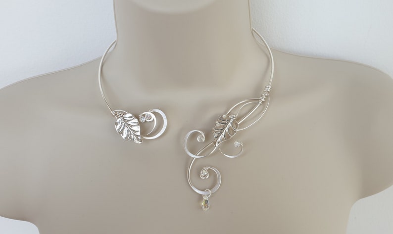 Medieval Renaissance circlet choker silver necklace leaf with crystal elements Elven image 1