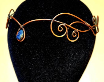 Handmade pure copper circlet tiara with a lapis lazuli stone
