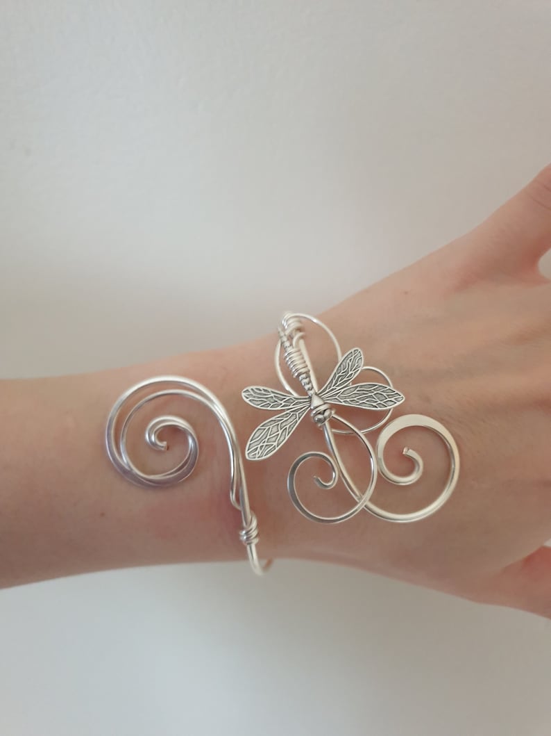 Silver dragonfly bracelet, womens adjustable cuff, memorial gift image 2