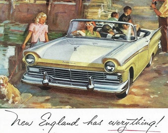 1957 Ford Car Ad - Vintage Silver Anniversary V8 Convertible - Ford Dealers of New England - Auto Illustration Art Print Wall Decor Man Cave