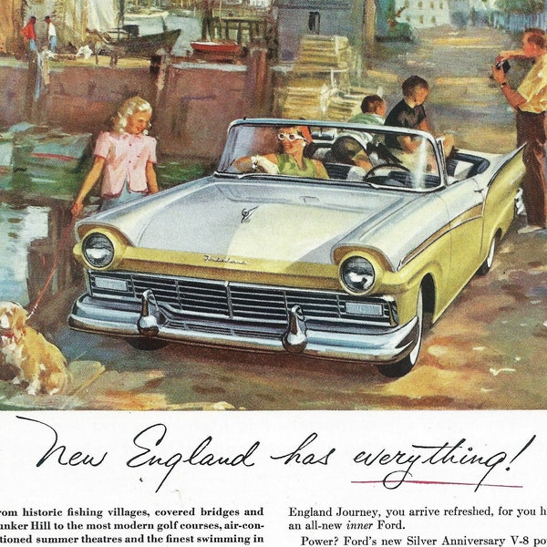 1957 Ford Car Ad - Vintage Silver Anniversary V8 Convertible - Ford Dealers of New England - Auto Illustration Art Print Wall Decor Man Cave