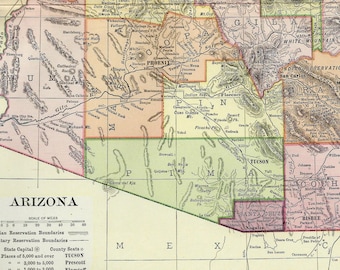 Antique Arizona Map - 1903 History Genealogy Souvenir Travel Wall Decor - Illustration Art Print Bookplate - Grand Canyon Scottsdale Phoenix