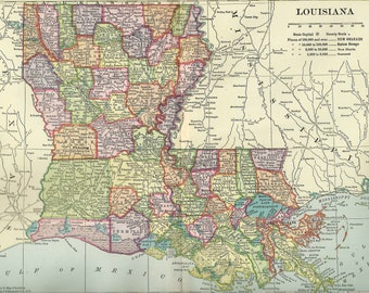 1904 Louisiana Map - Antique United States History Genealogy Souvenir Travel Wall Decor - Illustration Art Print - New Orleans Baton Rouge