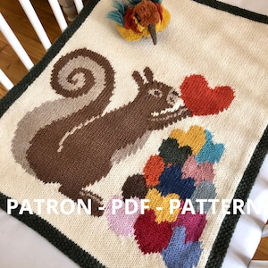 Motif écureuil, écureuil et coeurs, diagramme écureuil, patron tricot, tricot écureuil, patron animal, patron écureuil, patron couverture