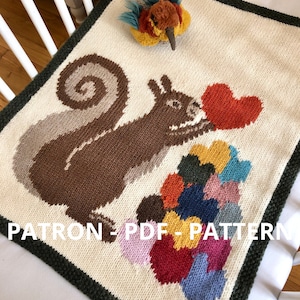 Squirrel pattern, squirrel and hearts, squirrel chart, knitting pattern, squirrel knitting animal pattern, squirrel pattern, blanket pattern