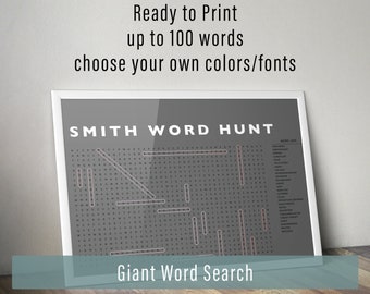 Può includere: Un cruciverba di ricerca di parole stampabile di 24x36 pollici con il titolo "SMITH WORD HUNT" e un elenco di parole da trovare. Il cruciverba è progettato per essere stampato in orientamento verticale o orizzontale. Il testo "Giant Word Search" appare nella parte inferiore del cruciverba.