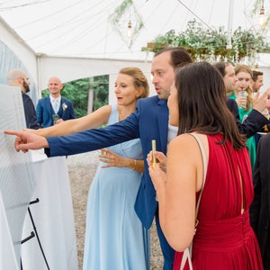 May include: A group of people at an outdoor event, possibly a wedding, looking at a large white sign with text. A man in a blue suit points at the sign. Other guests are in formal attire, some holding drinks.