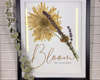 bloom where you are planted flower art / pressed flower wall art / preserved floral artwork / boho wall art / natural wall art /