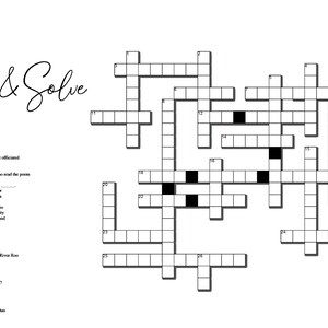 May include: Black and white crossword puzzle with 26 numbered squares. The puzzle is designed to be solved by filling in the squares with letters to form words.