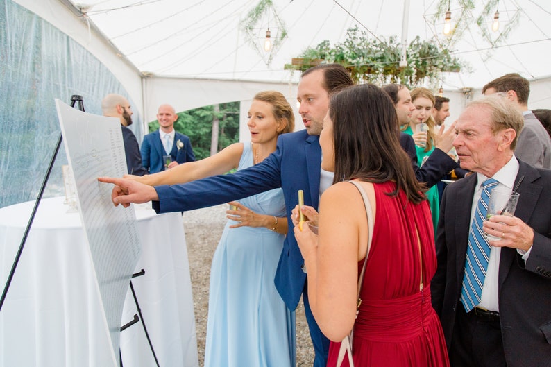 May include: A group of people gathered around a white board with a seating chart for a wedding. The board is on a black easel. The people are looking at the board and pointing at it.