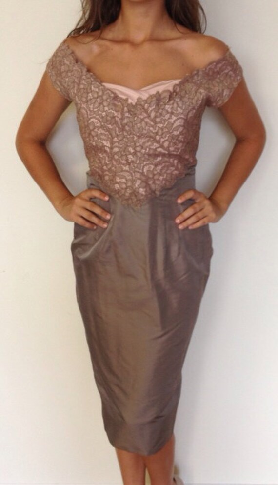 Vintage 1950's Gray Silk & Blush Lace Wiggle Dress