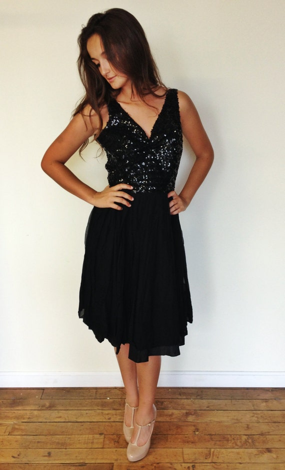 Vintage 1950's Black Chiffon and Sequin Full Skirt