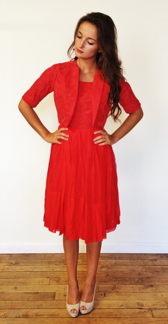 Vintage 1950's Red Chiffon and Brocade Swing Dress