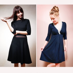 May include: Two women wearing black and navy blue swing dresses. The dress on the left has a boat neck and a brown waistband. The dress on the right has a V-neck with a white lace trim. The text "SCHNITTMUSTER BUNDLE Swing SCARLET & GEMMA MIRASTERN" is at the top and bottom of the image.