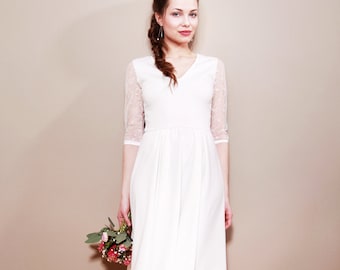Short wedding dress registry office with V neckline, simple with swinging circle skirt and 3/4 sleeves made of lace LILIANA