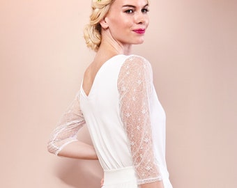 Bridal top with 3/4 sleeves made of boho lace and back neckline Wedding dress Two-piece registry office CLAIRE