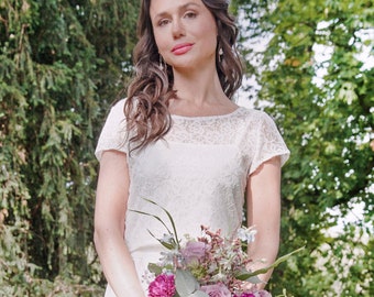 Haut de mariée en dentelle à manches courtes, haut de mariée délicat en dentelle florale pour robe de mariée deux pièces FLORIE