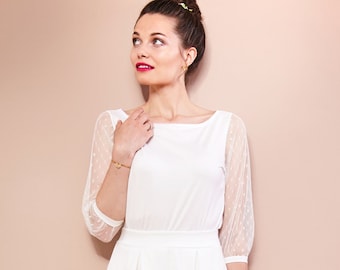 Simple bridal top with dotted tulle sleeves wedding dress two-piece registry office LEILA